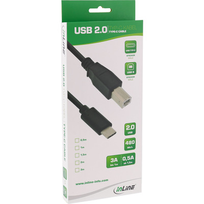 InLine® USB 2.0 Kabel, USB-C Stecker an B Stecker, schwarz, 0,5m (Produktbild 2)