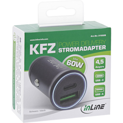 InLine® USB KFZ Stromadapter Power Delivery, USB-A + USB-C, schwarz (Produktbild 3)