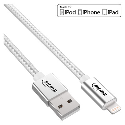 InLine® Lightning USB Kabel, für iPad, iPhone, iPod, silber/Alu, 1m MFi-zert.