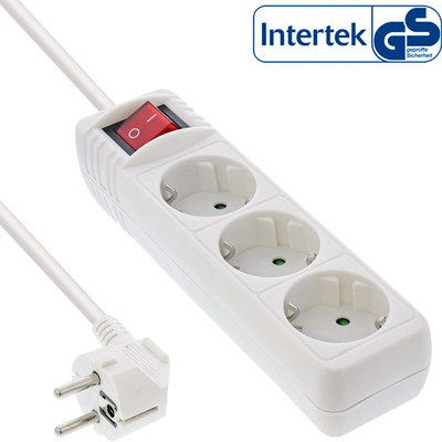 InLine® Steckdosenleiste, 3-fach Schutzkontakt, mit Schalter, 1,5m, weiß (Produktbild 1)