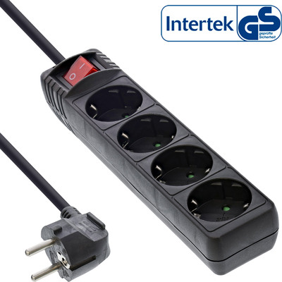 InLine® Steckdosenleiste, 4-fach Schutzkontakt, mit Schalter, 1,5m, schwarz (Produktbild 1)