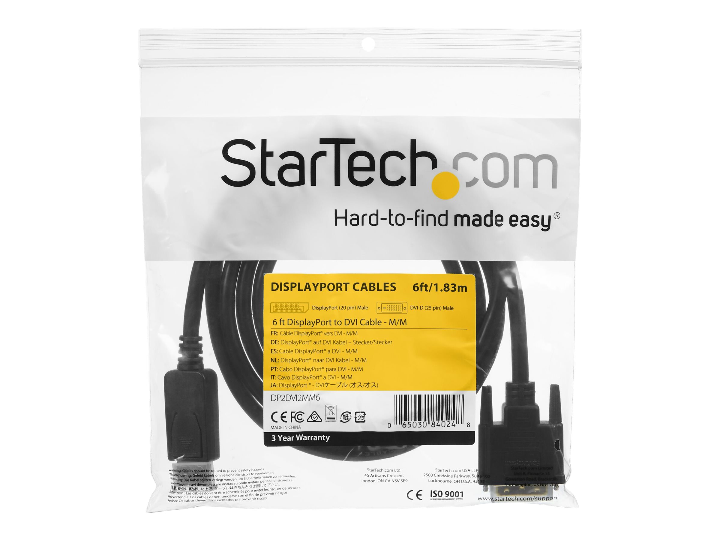 STARTECH 1.8m DisplayPort to DVI Cable