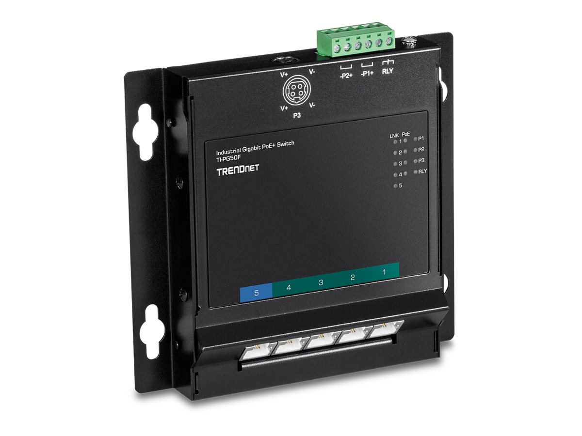 TRENDnet TI-PG50F 5-Port Industrial PoE+ Gigabit Front Access Switch, wandmontierbar