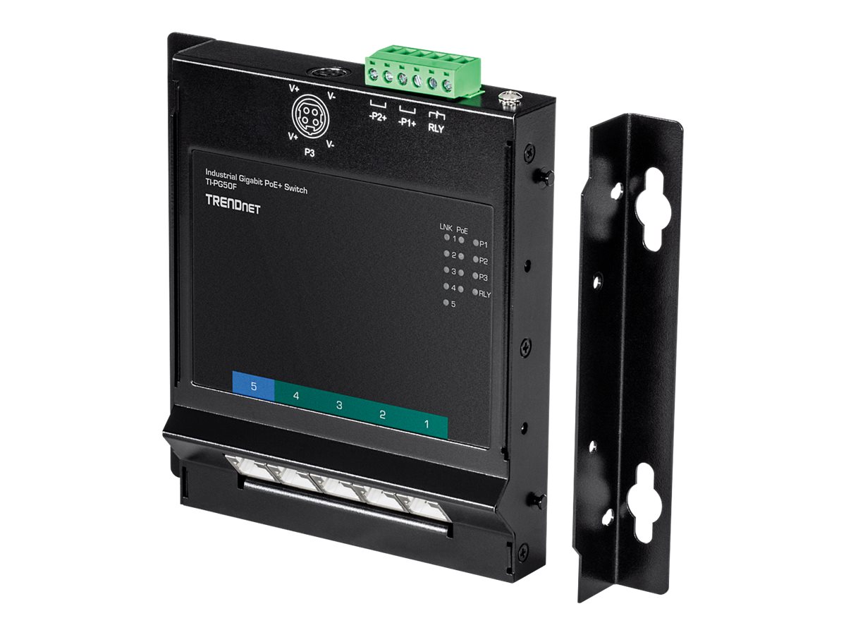 TRENDnet TI-PG50F 5-Port Industrial PoE+ Gigabit Front Access Switch, wandmontierbar