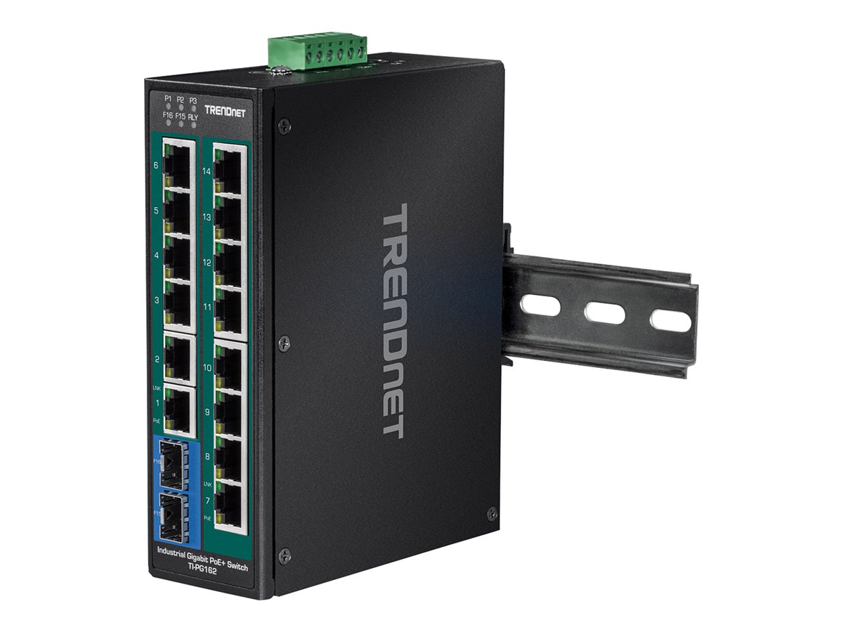 TRENDnet TI-PG162 16-Port PoE+ Switch DIN-Rail Industrial Gigabit