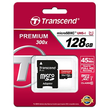 SD microSD Card 128GB Transcend SDXC UHS1 w/adapter