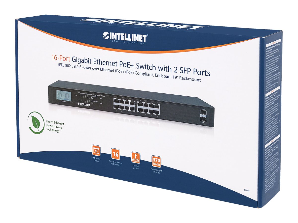 INTELLINET Switch 16-Port Gigabit PoE+ LCD-Anzeige 19 2xSFP