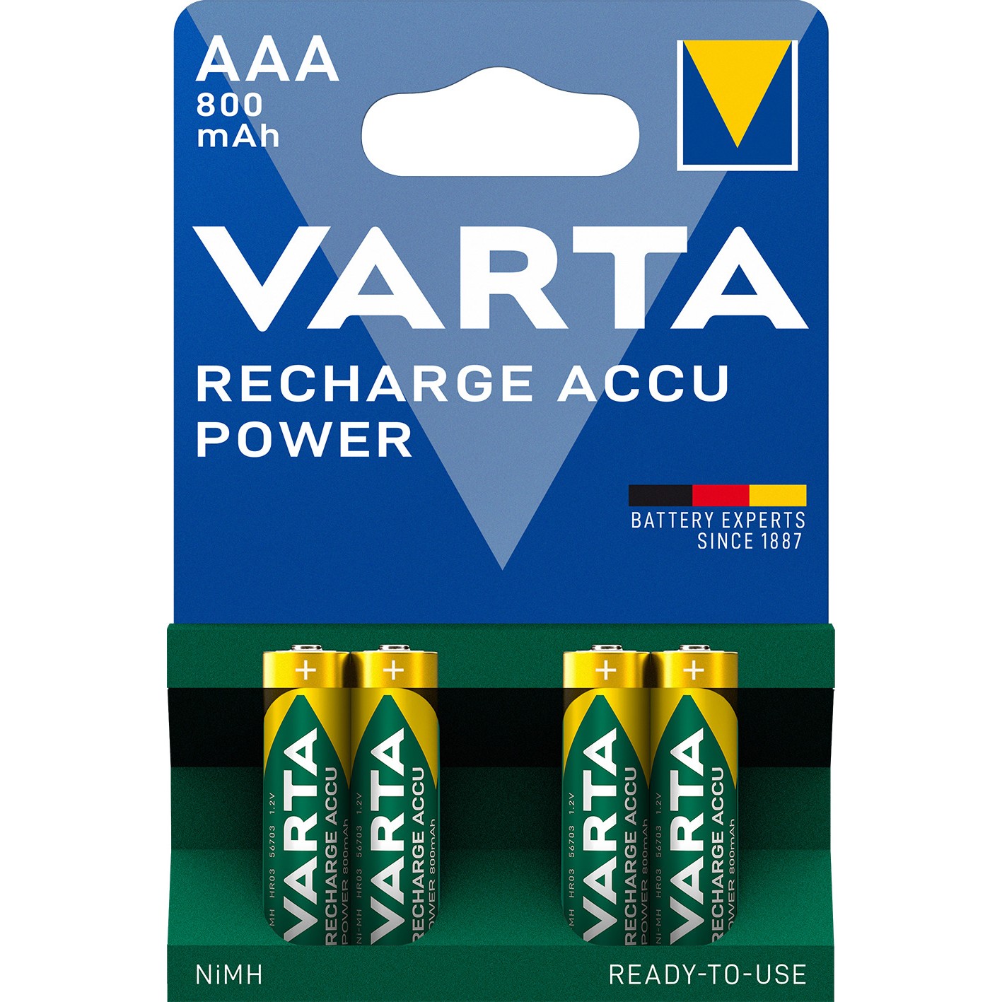 VARTA NiMH Akku Micro, AAA, HR03, 4er, 1,2V, 800mAh, vorgeladen, sofort einsatzbereit, Longlife