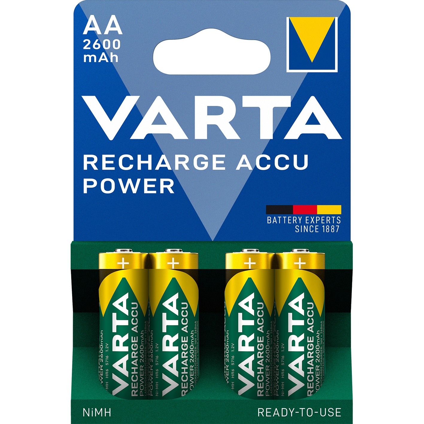 VARTA NiMH Akku Mignon, AA, HR06, 4er, 1,2V, 2600mAh, vorgeladen, sofort einsatzbereit