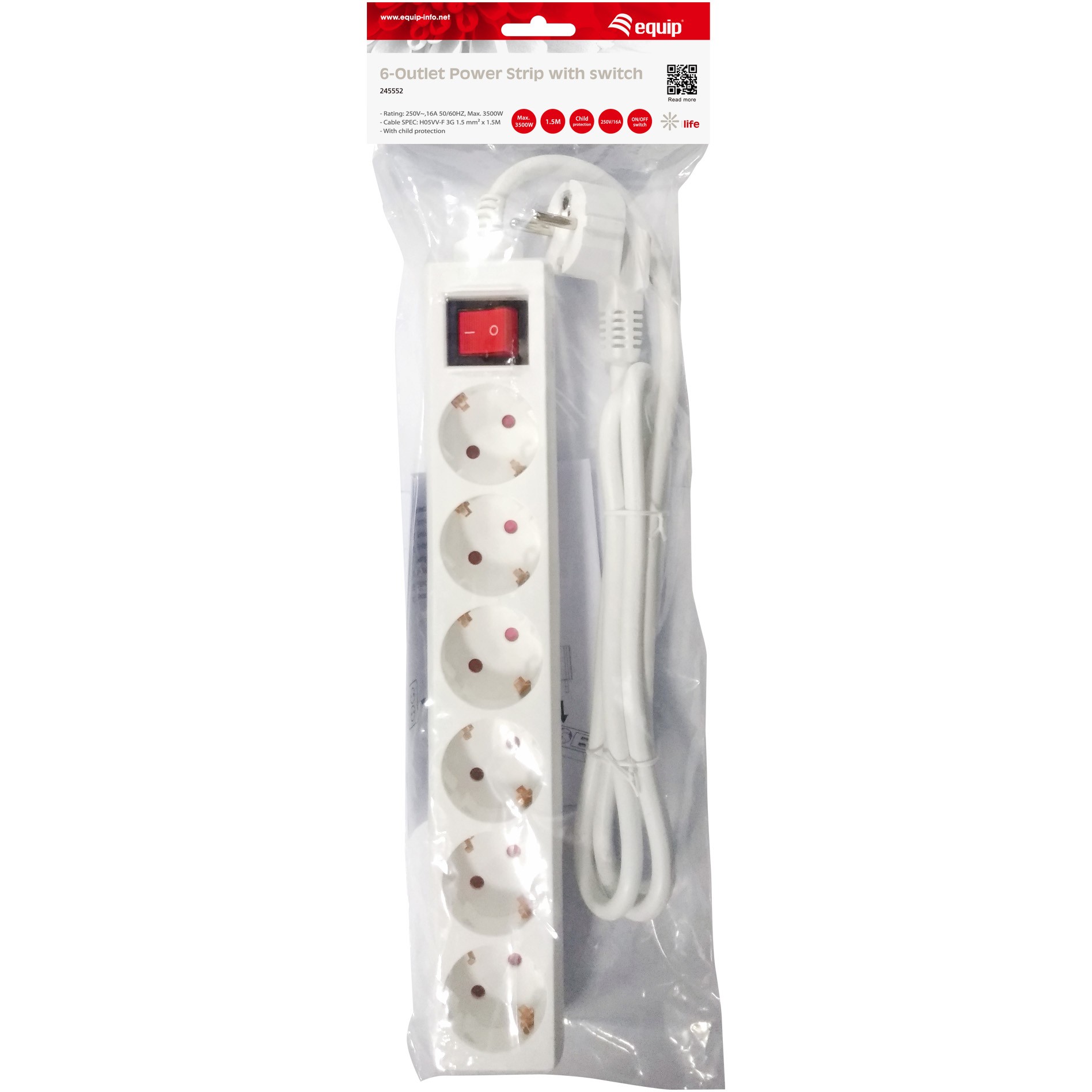 Equip 245552 Verlängerungskabel 1,5 m 6 AC-Ausgänge Drinnen Weiß