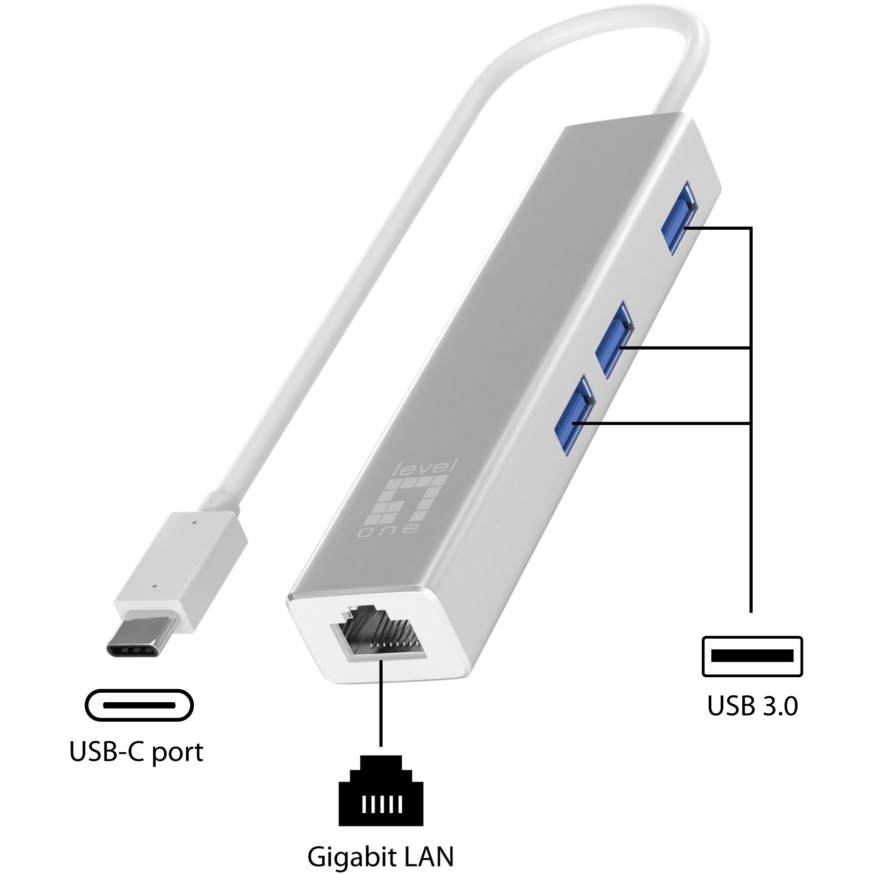 LevelOne Adapter GigaBit    USB-C3.0->RJ45/3xUSB-A3.0  1Gbps