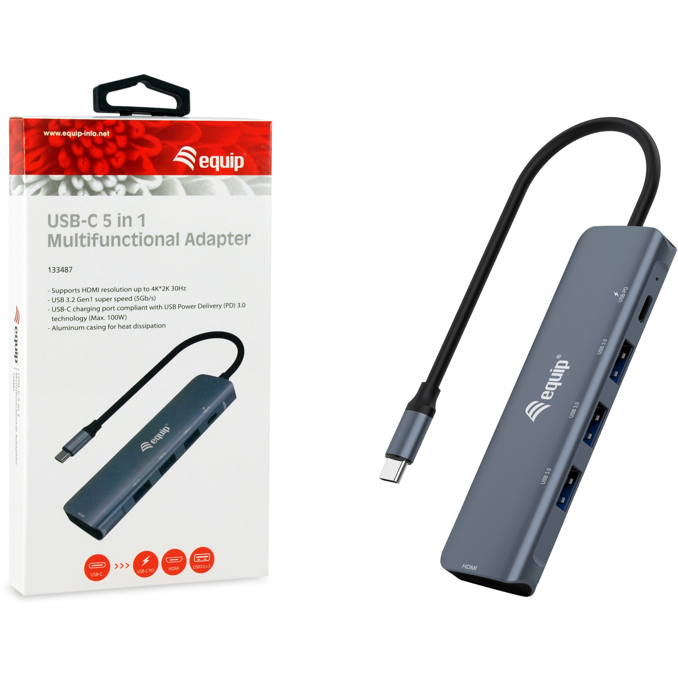 Equip USB-C 5-in-1 Multifunktionsadapter, HDMI, USB 3.2 Gen1, 100W USB PD