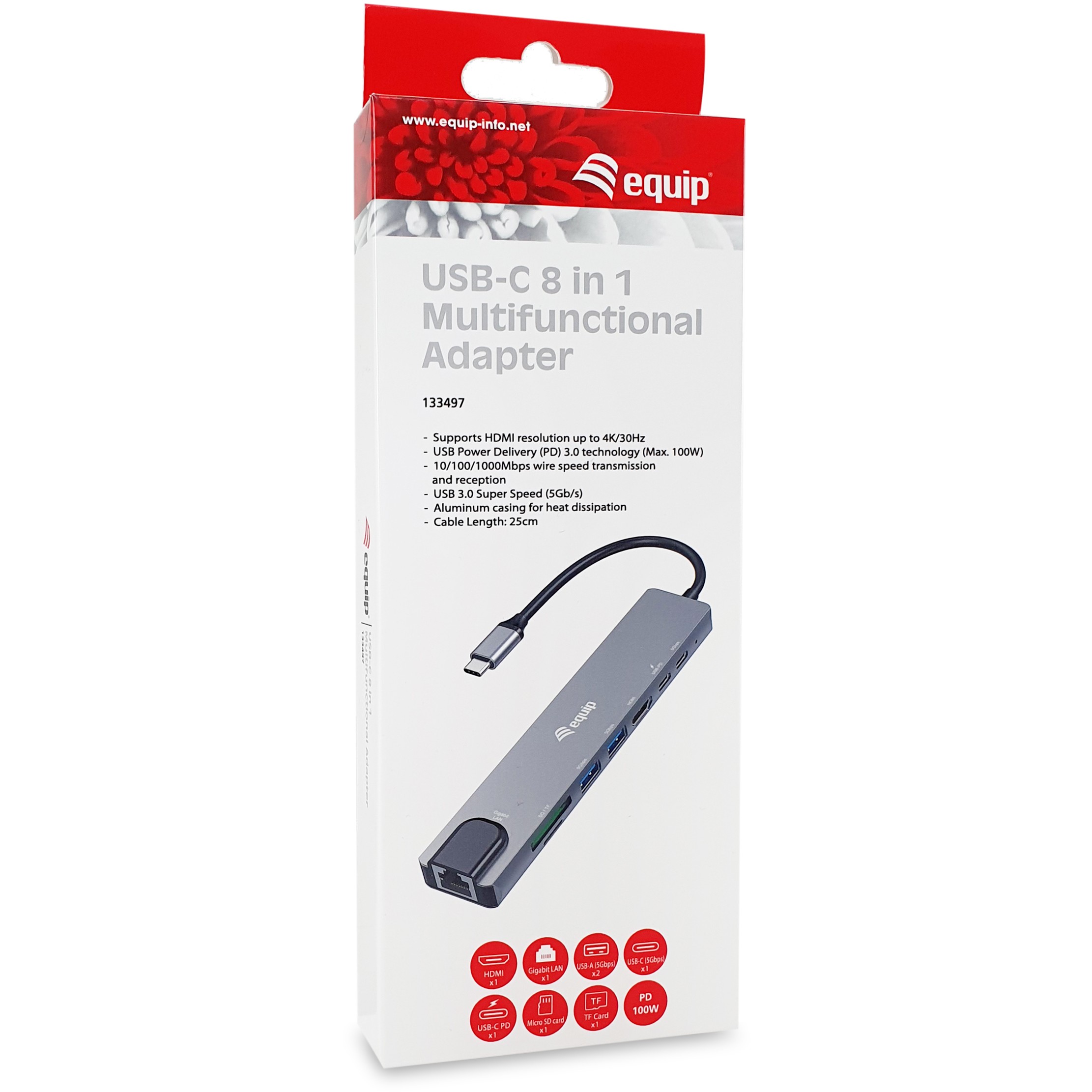 Equip Adapter USB-C->HDMI/GbE/2xUSB-A/+  4K/ 30Hz 0.25m Alu.