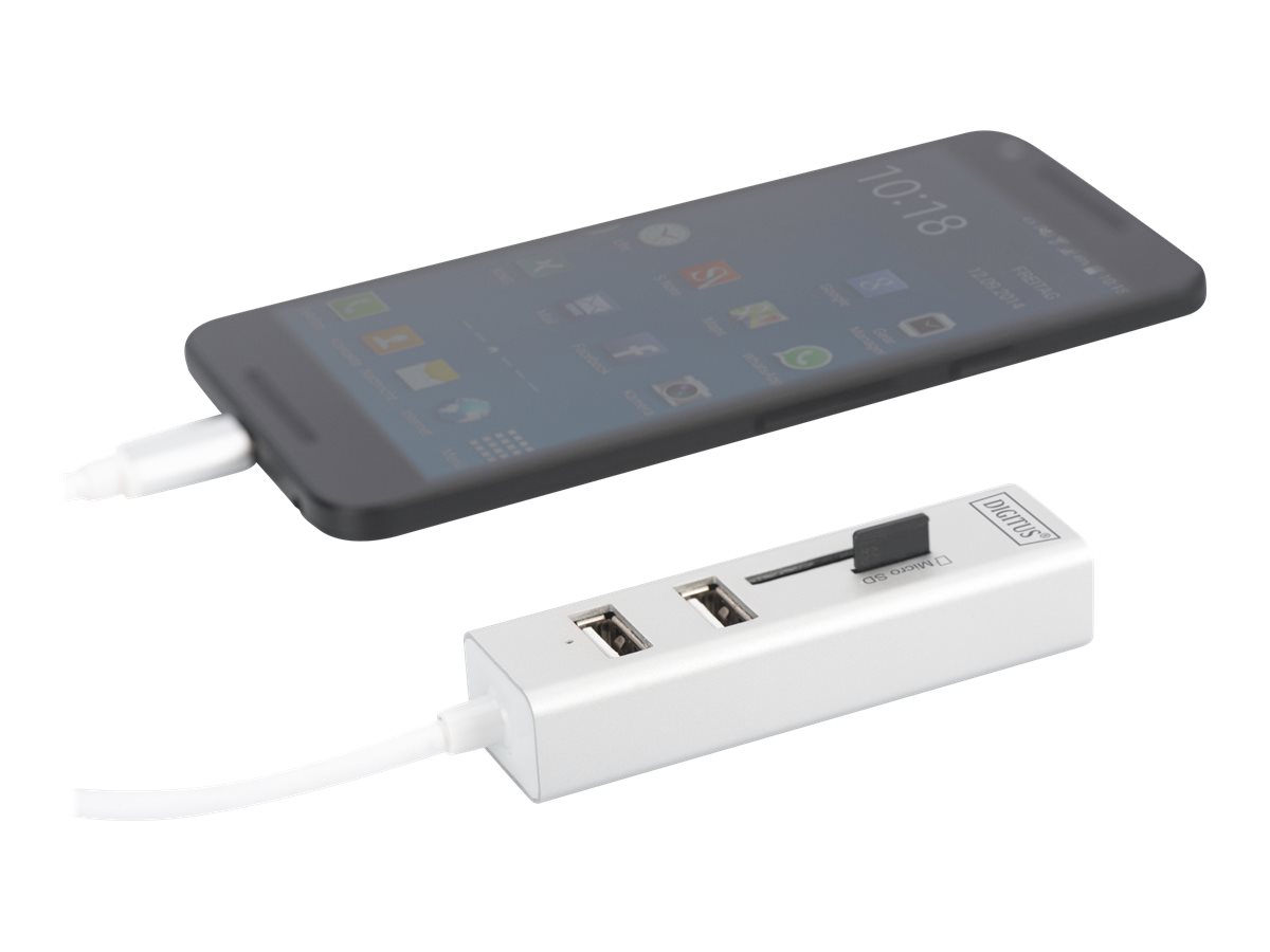 DIGITUS USB-C-Hub  3-Port 2.0->3xA2.0 1xReader in.Kabel weiß
