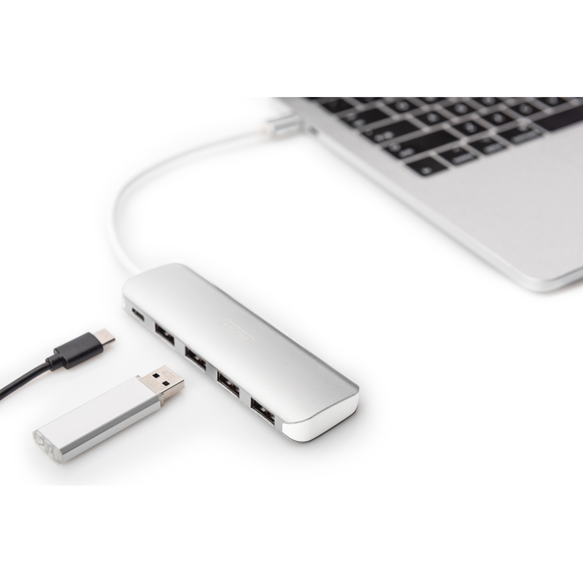 DIGITUS USB-C-Hub  4-Port 3.0->4xA3.0 1xC-PD intgr.Kabel wei