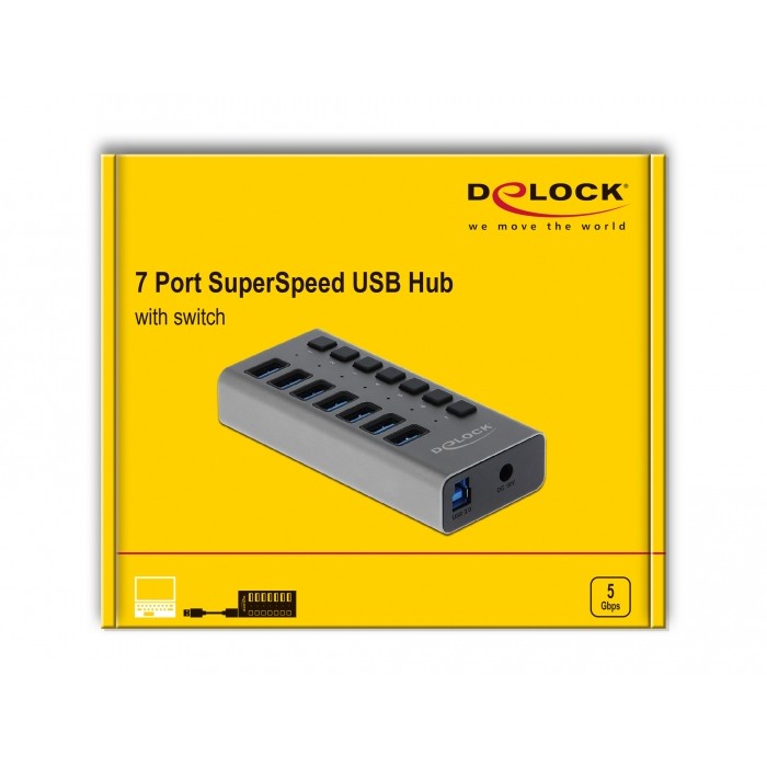 DELOCK Externer SuperSpeed USB Hub mit 7 Ports + Schalter
