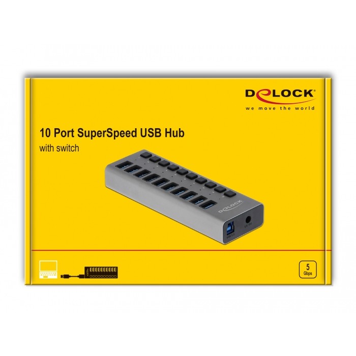 DELOCK Externer SuperSpeed USB Hub mit 10 Ports + Schalter