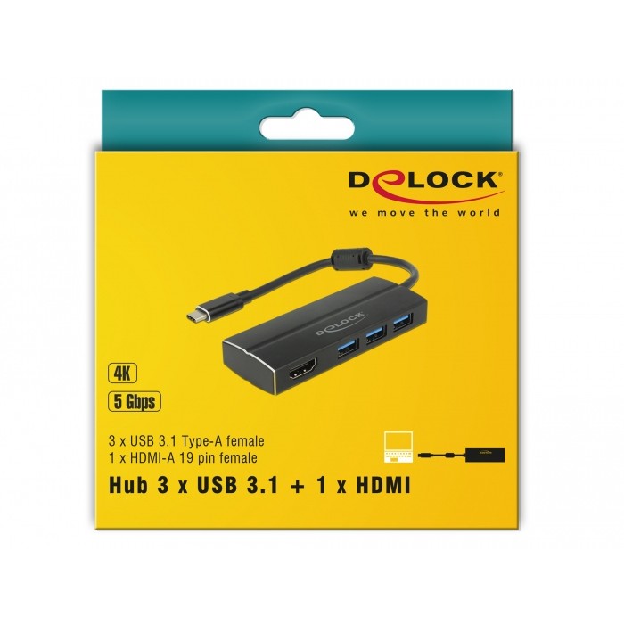 DELOCK Adapter USB3.1 Gen1/C > 3x USB3.0/A + HDMI 4K 30Hz