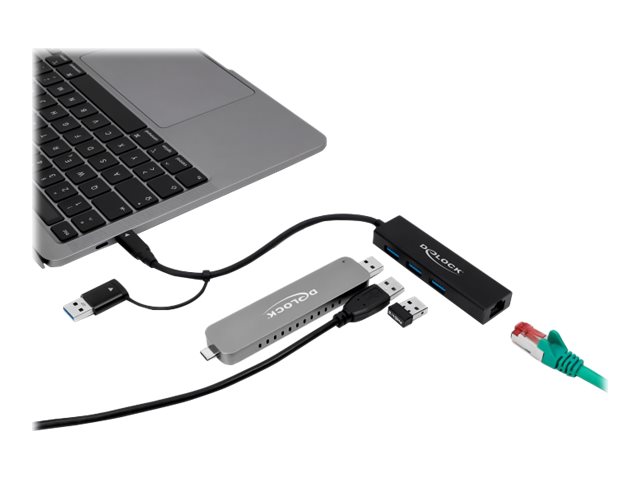 DELOCK 3 Port USB 3.2Gen1 Hub Gigabit LAN USB Typ-C o. Typ-A