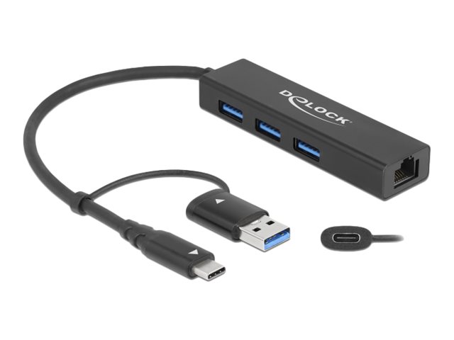 DELOCK 3 Port USB 3.2Gen1 Hub Gigabit LAN USB Typ-C o. Typ-A