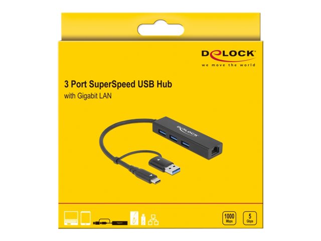 DELOCK 3 Port USB 3.2Gen1 Hub Gigabit LAN USB Typ-C o. Typ-A