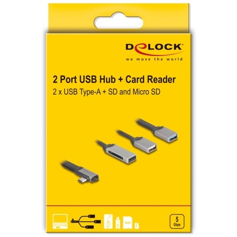 DELOCK 2 Port USB Hub inklusive SD und Micro SD Card Reader