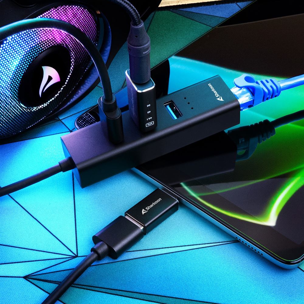 Sharkoon USB-Hub 3xUSB3.2 1xRJ45 45cm Kabel Aluminium schwar