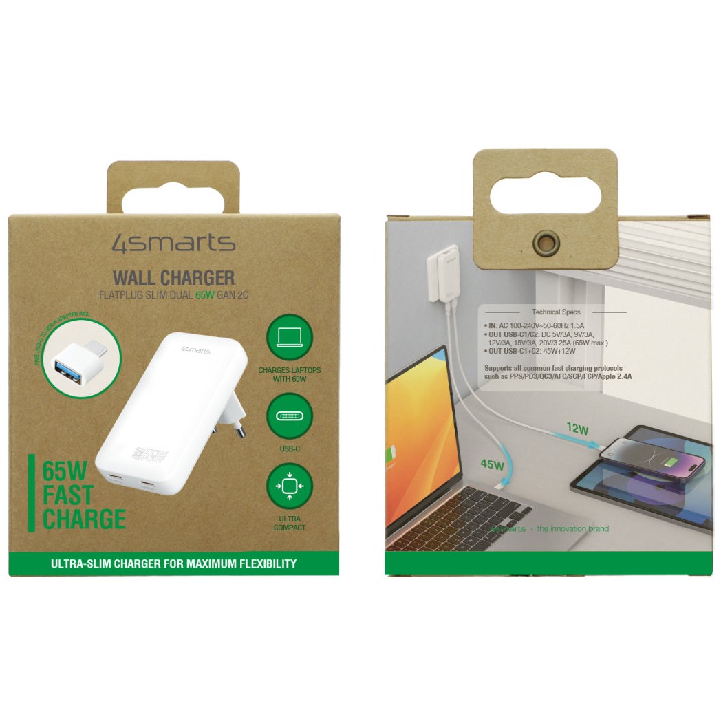 4smarts Charger FlatPlug Slim Dual 65W GaN 2C white