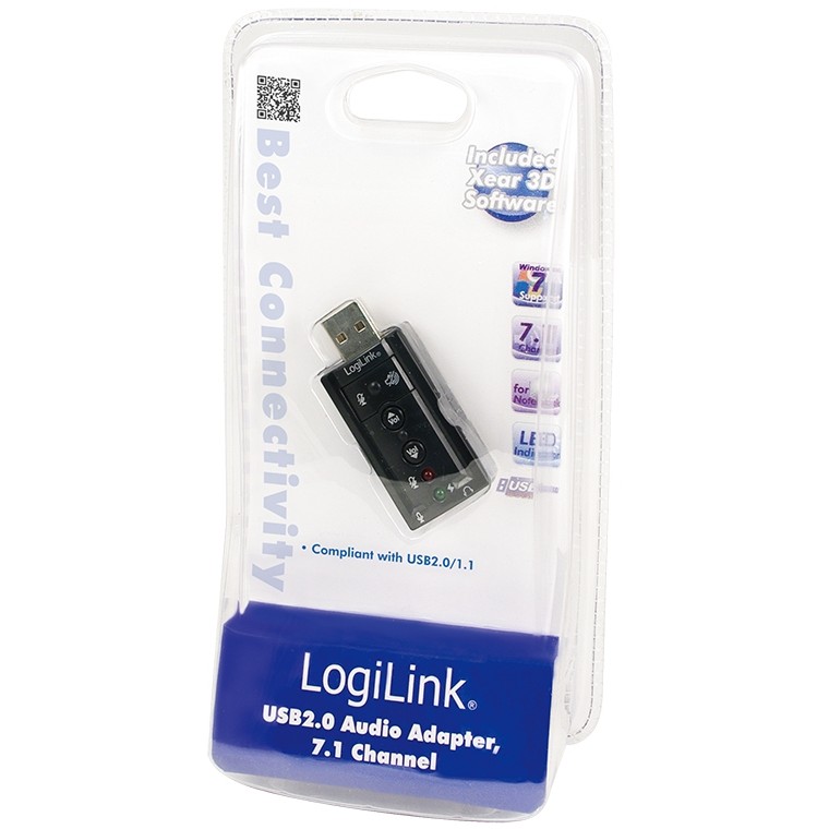LogiLink USB 2.0 Audio-Adapter, USB-A/M zu 2x 3,5 mm/F, Virtual 7.1 Soundeffekt, schwarz