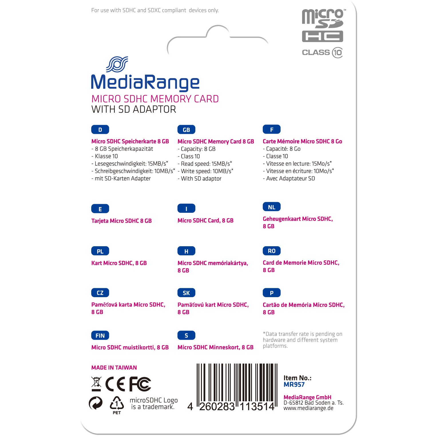 MediaRange SD MicroSD Card  8GB SD CL.10 inkl. Adapter