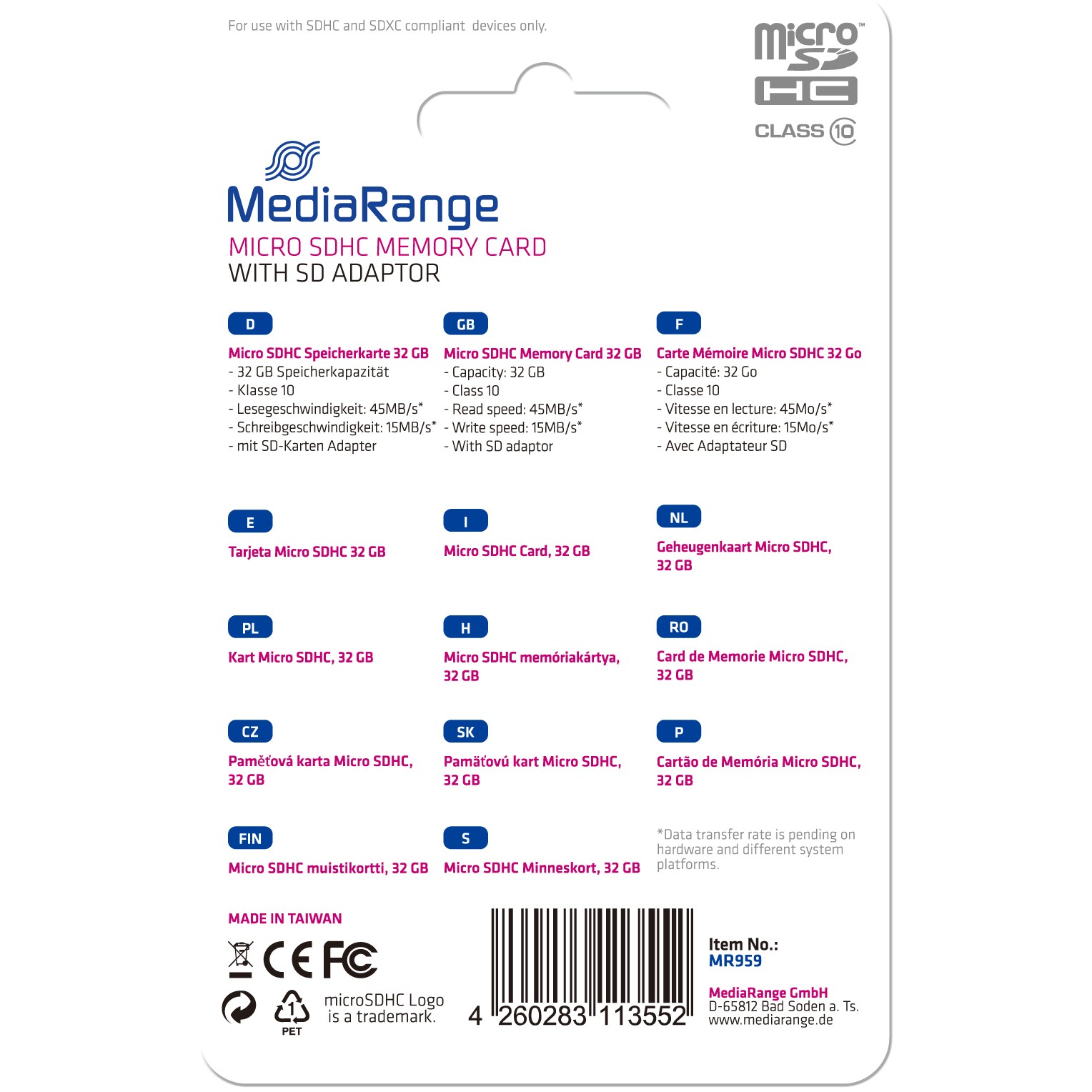MediaRange SD MicroSD Card 32GB SD CL.10 inkl. Adapter