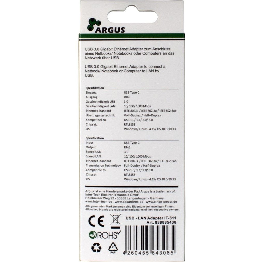 Inter-Tech LAN-Adapter Argus IT-811   USB-C Gigabit Ethernet