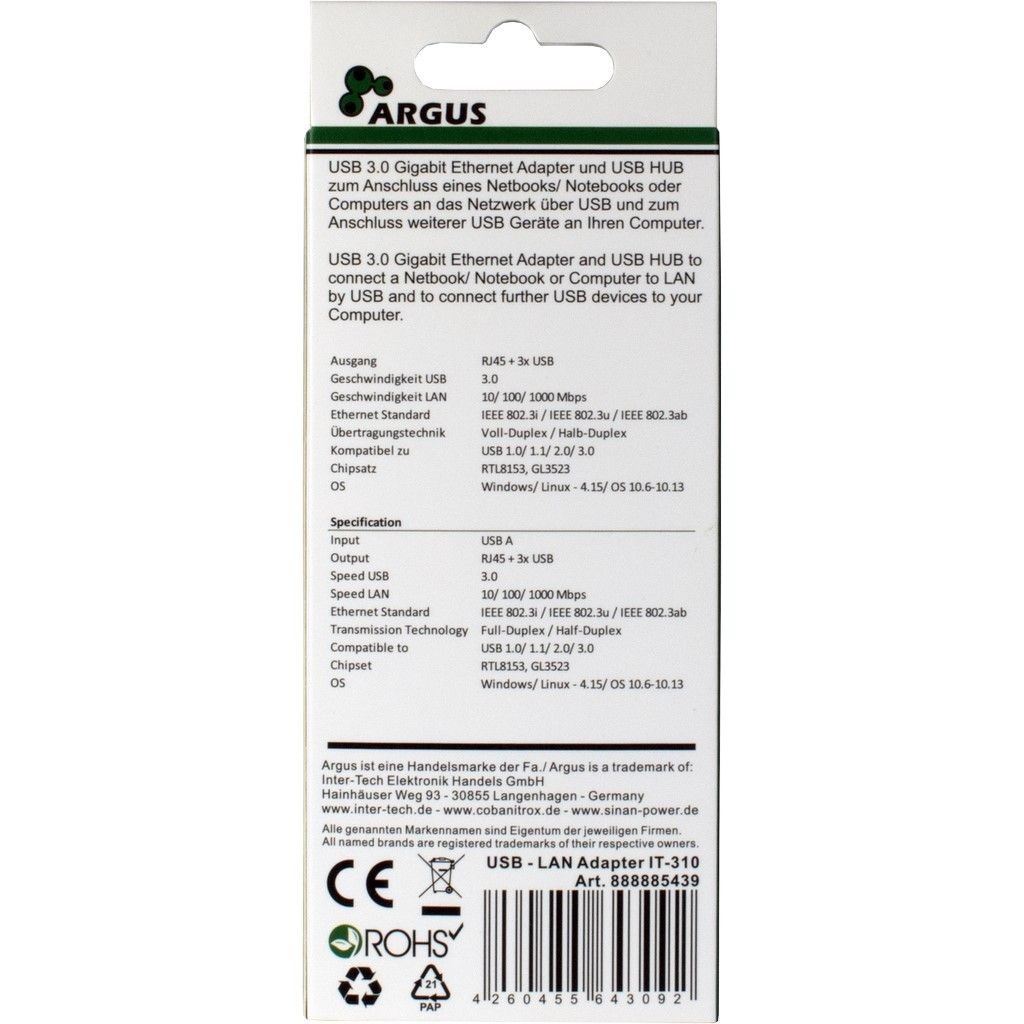 Inter-Tech LAN-Adapter Argus IT-310   USB-A Gigabit Ethernet
