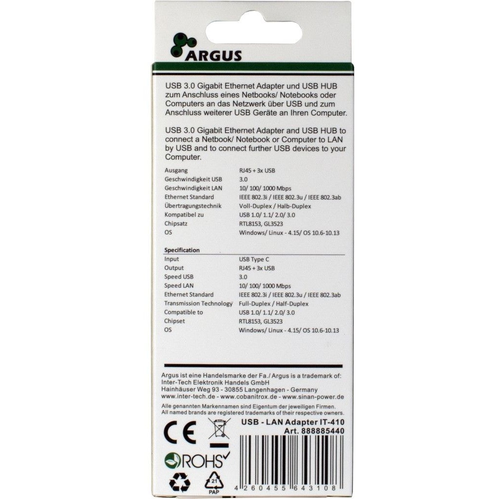 Inter-Tech LAN-Adapter Argus IT-410   USB-C Gigabit Ethernet