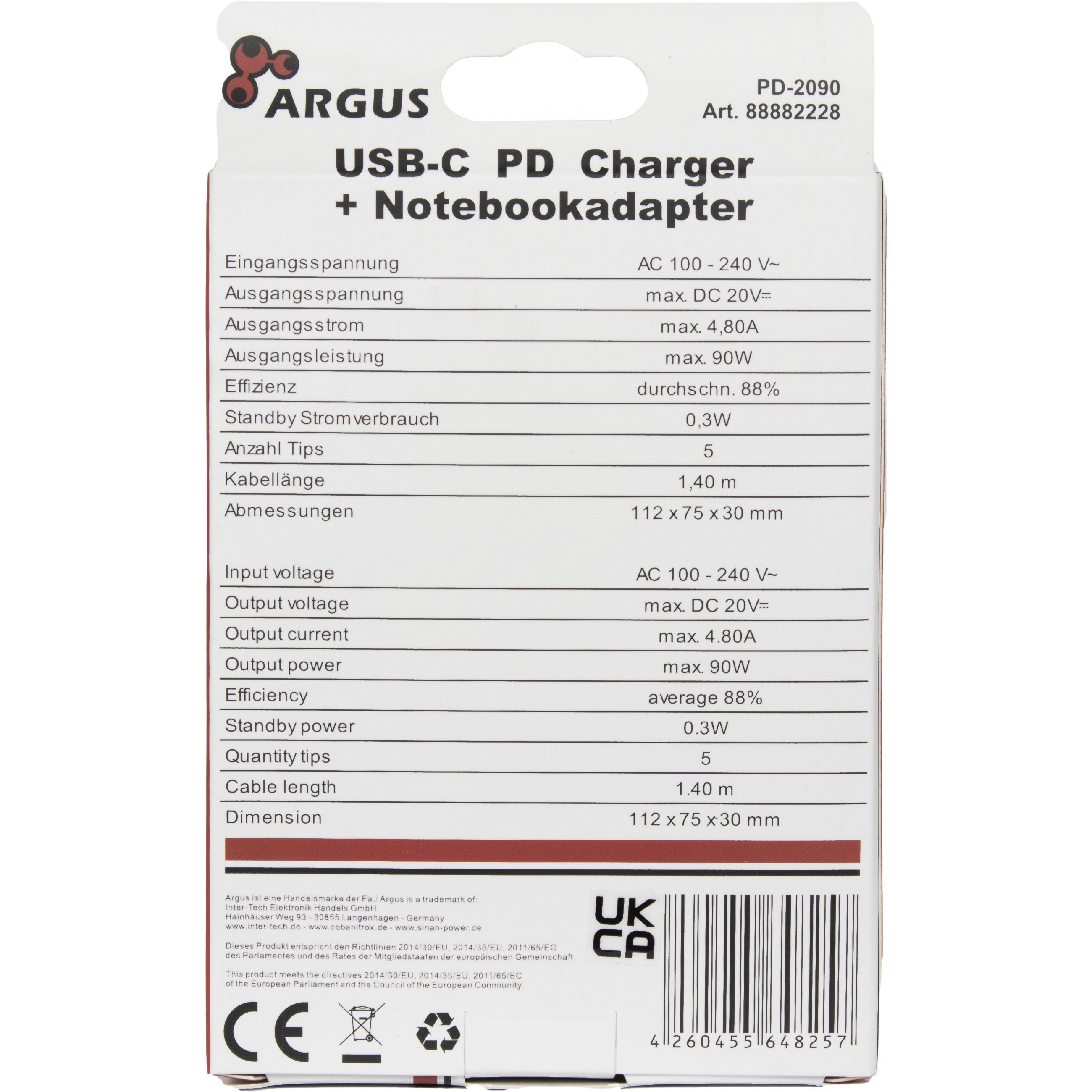 Inter-Tech PD-Charger USB C,PSU PD-2090, PD 90W, schwarz