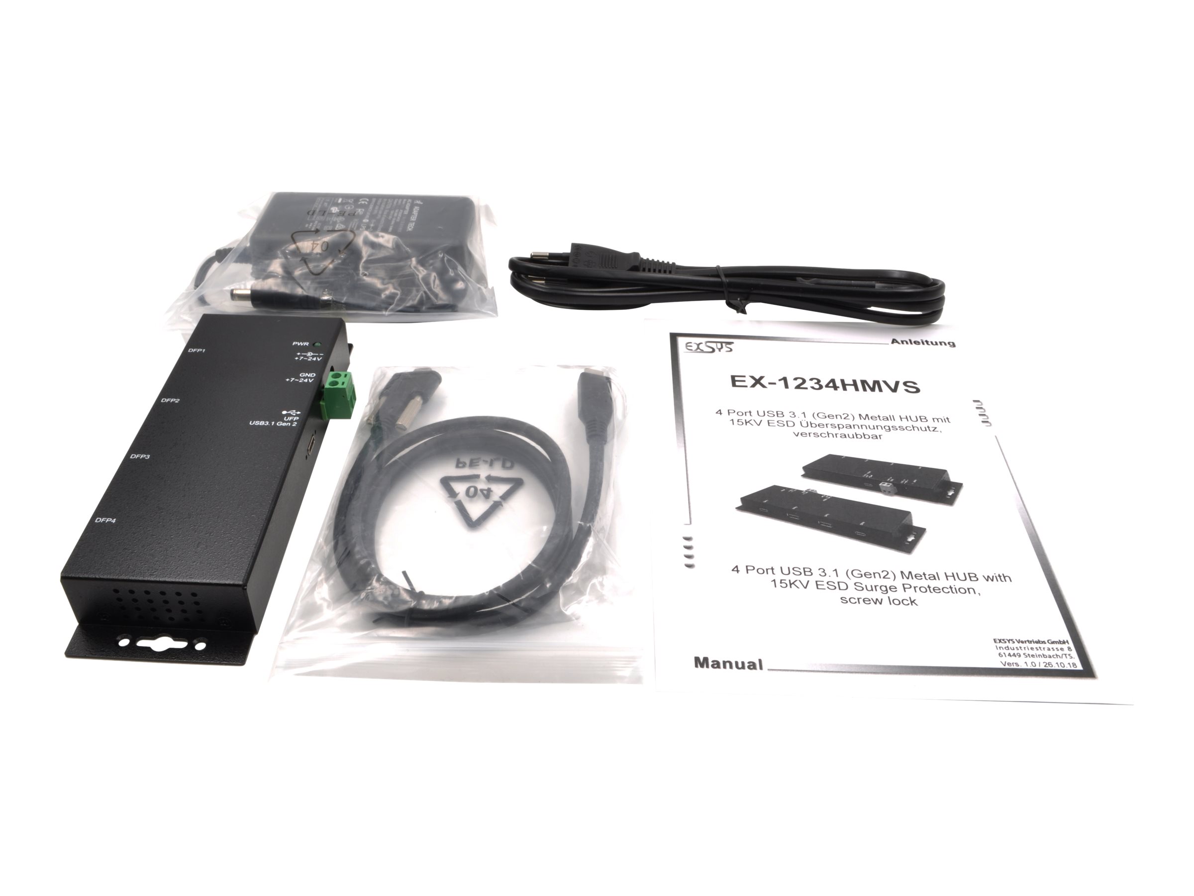 EXSYS EX-1234HMVS 4 Port USB 3.2 Gen2 Hub mit 2x USB-C und 2x USB-A Anschluss