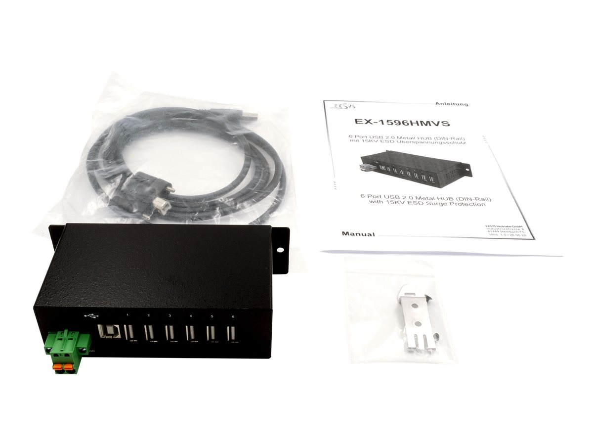 EXSYS EX-1596HMVS 6 Port USB 2.0 Metall HUB mit 15KV ESD Überspannungs-Schutz (Din-Rail)