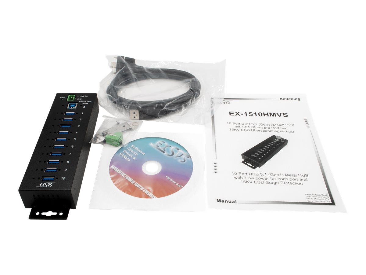 EXSYS EX-1510HMVS 10 Port USB 3.2 Gen1 Managed Metall HUB mit 15KV ESD Überspannungs-Schutz Din-Rail