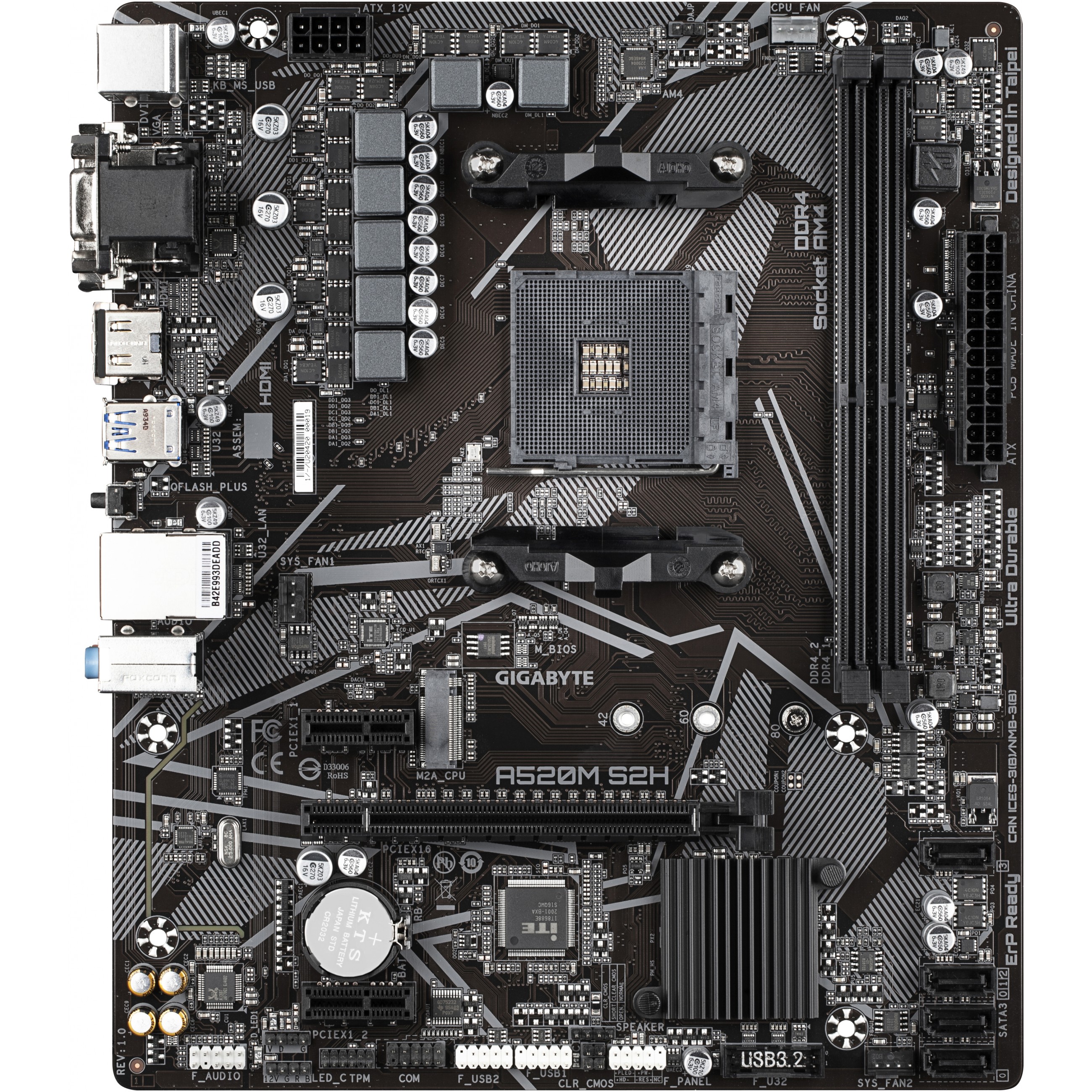 GIGABYTE A520M S2H Mainboard - Unterstützt AMD Ryzen 5000 Serie AM4 CPUs, 4+3 Phasen reines digitales VRM, bis zu 5100MHz DDR4 (OC), PCIe 3.0 x4 M.2, GbE LAN, USB 3.2 Gen 1