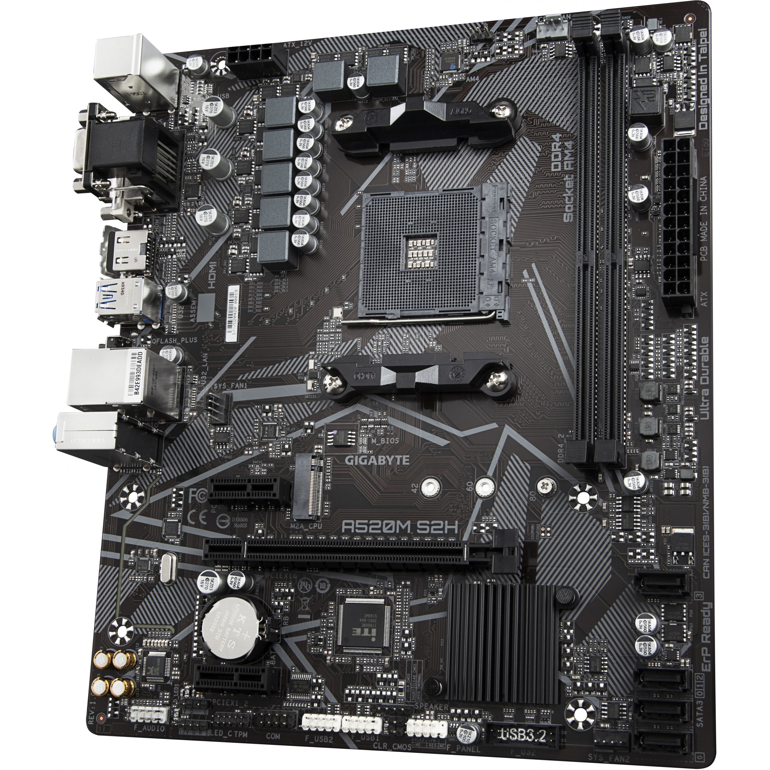 GIGABYTE A520M S2H Mainboard - Unterstützt AMD Ryzen 5000 Serie AM4 CPUs, 4+3 Phasen reines digitales VRM, bis zu 5100MHz DDR4 (OC), PCIe 3.0 x4 M.2, GbE LAN, USB 3.2 Gen 1