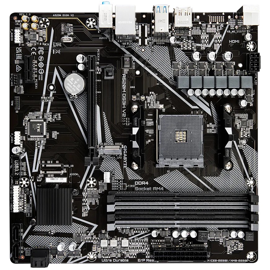 GIGABYTE A520M DS3H V2 Mainboard - Unterstützt AMD Ryzen 5000 Serie AM4 CPUs, bis zu 4733 MHz DDR4 (OC), PCIe 3.0 x16, GbE LAN, USB 3.2 Gen 1