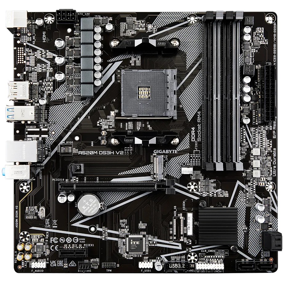 GIGABYTE A520M DS3H V2 Mainboard - Unterstützt AMD Ryzen 5000 Serie AM4 CPUs, bis zu 4733 MHz DDR4 (OC), PCIe 3.0 x16, GbE LAN, USB 3.2 Gen 1