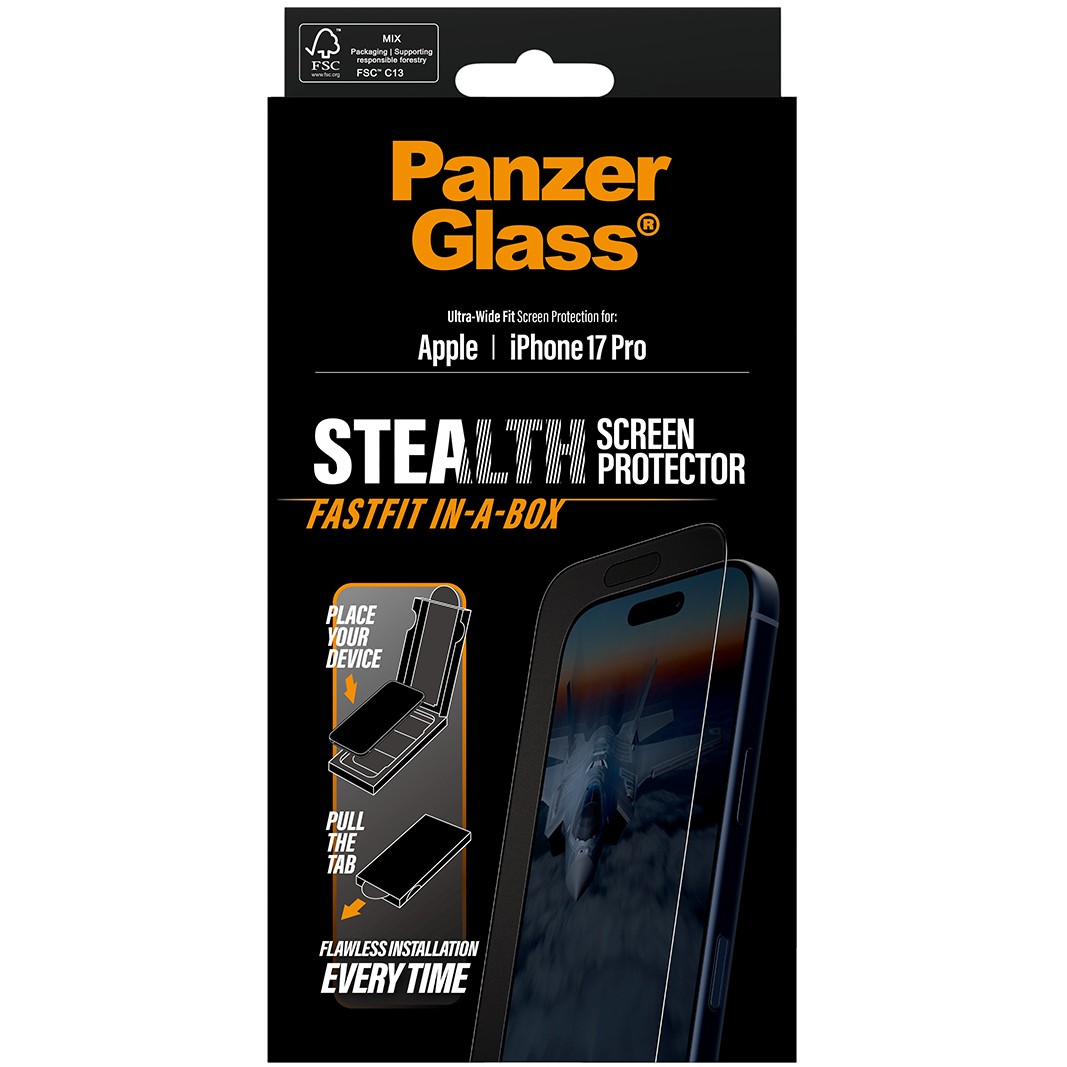 PanzerGlass ® Stealth Screen Protector iPhone 17 Pro | Ultra-Wide Fit w. Fastfit in-a-box
