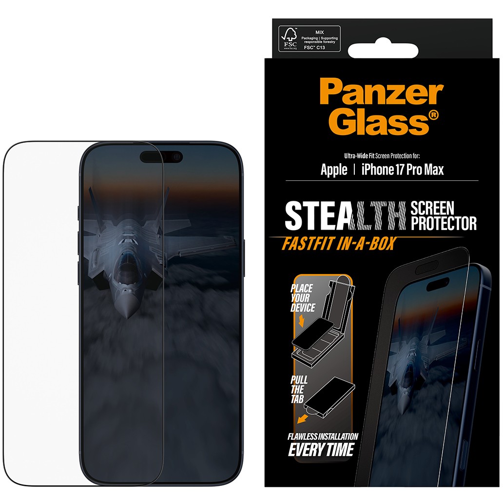 PanzerGlass ® Stealth Screen Protector iPhone 17 Pro Max | Ultra-Wide Fit w. Fastfit in-a-box