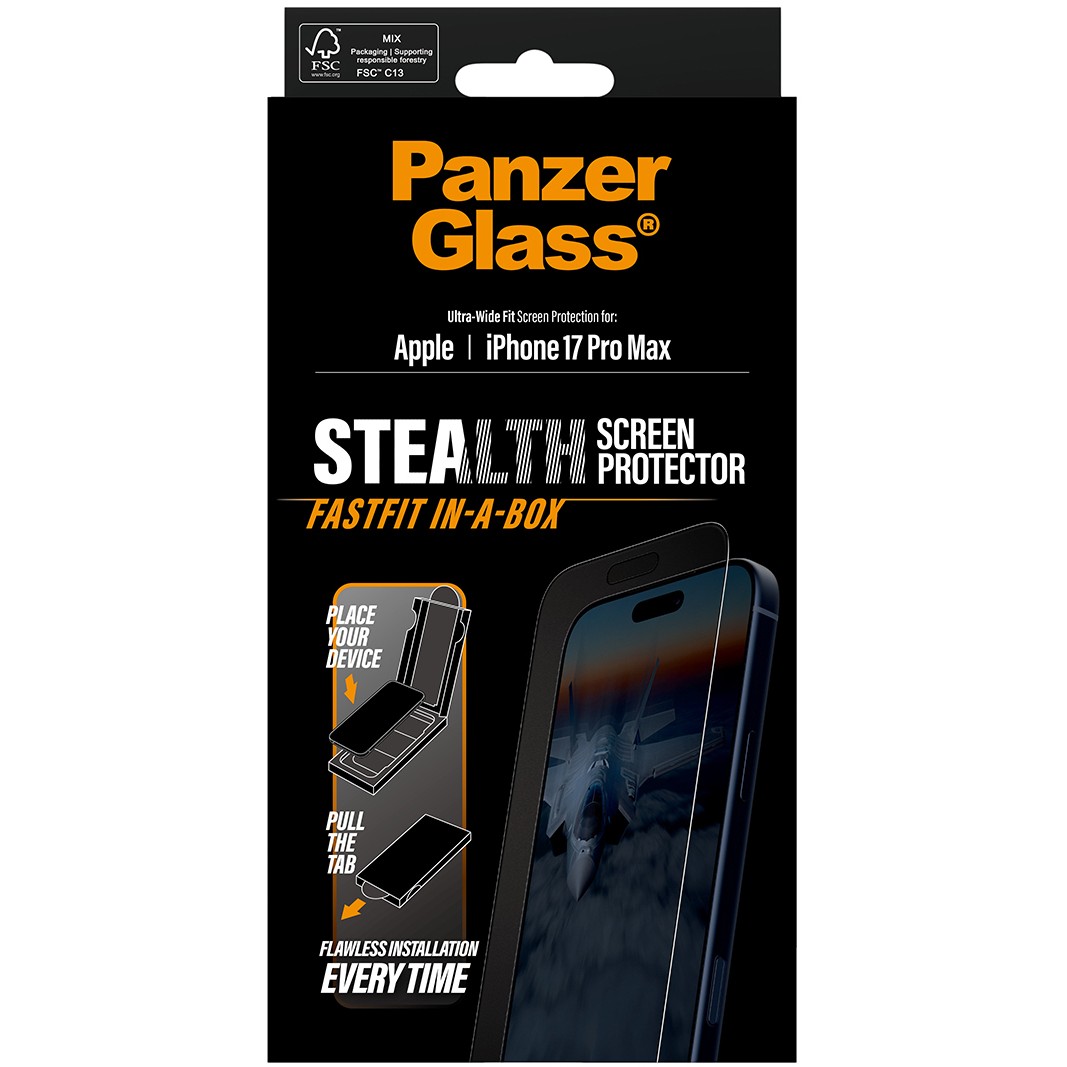 PanzerGlass ® Stealth Screen Protector iPhone 17 Pro Max | Ultra-Wide Fit w. Fastfit in-a-box