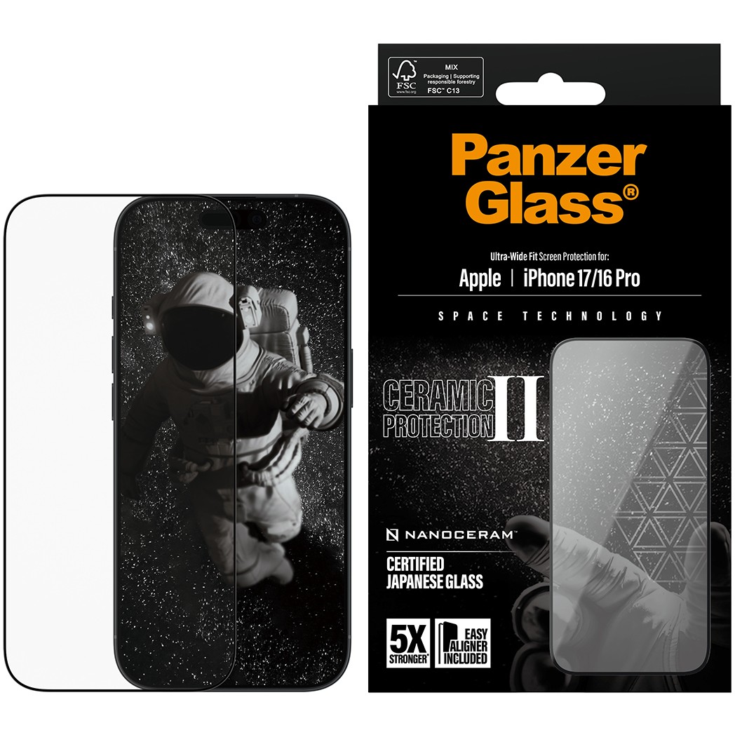 PanzerGlass ® Ceramic II Screen Protector iPhone 17 | iPhone 16 Pro | Ultra-Wide Fit w. EasyAligner