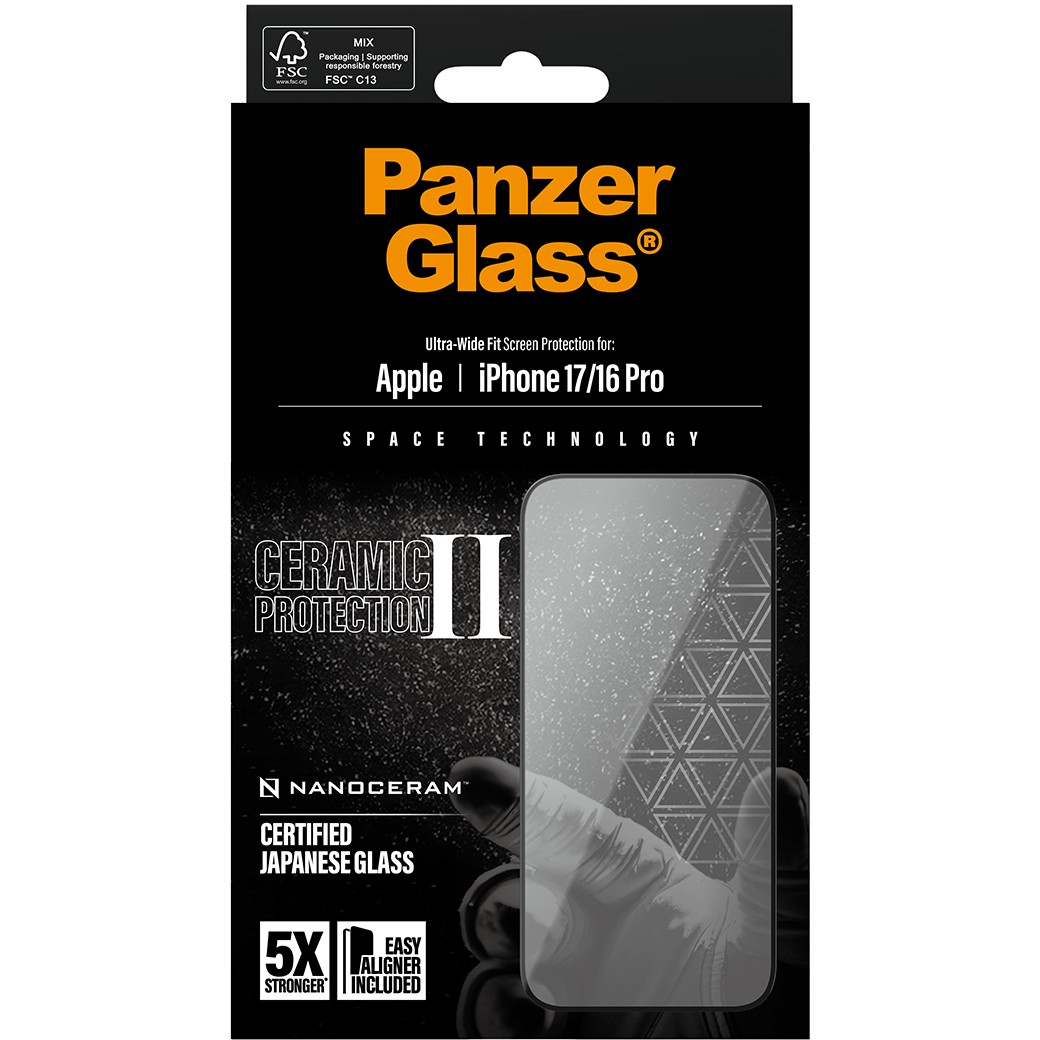 PanzerGlass ® Ceramic II Screen Protector iPhone 17 | iPhone 16 Pro | Ultra-Wide Fit w. EasyAligner