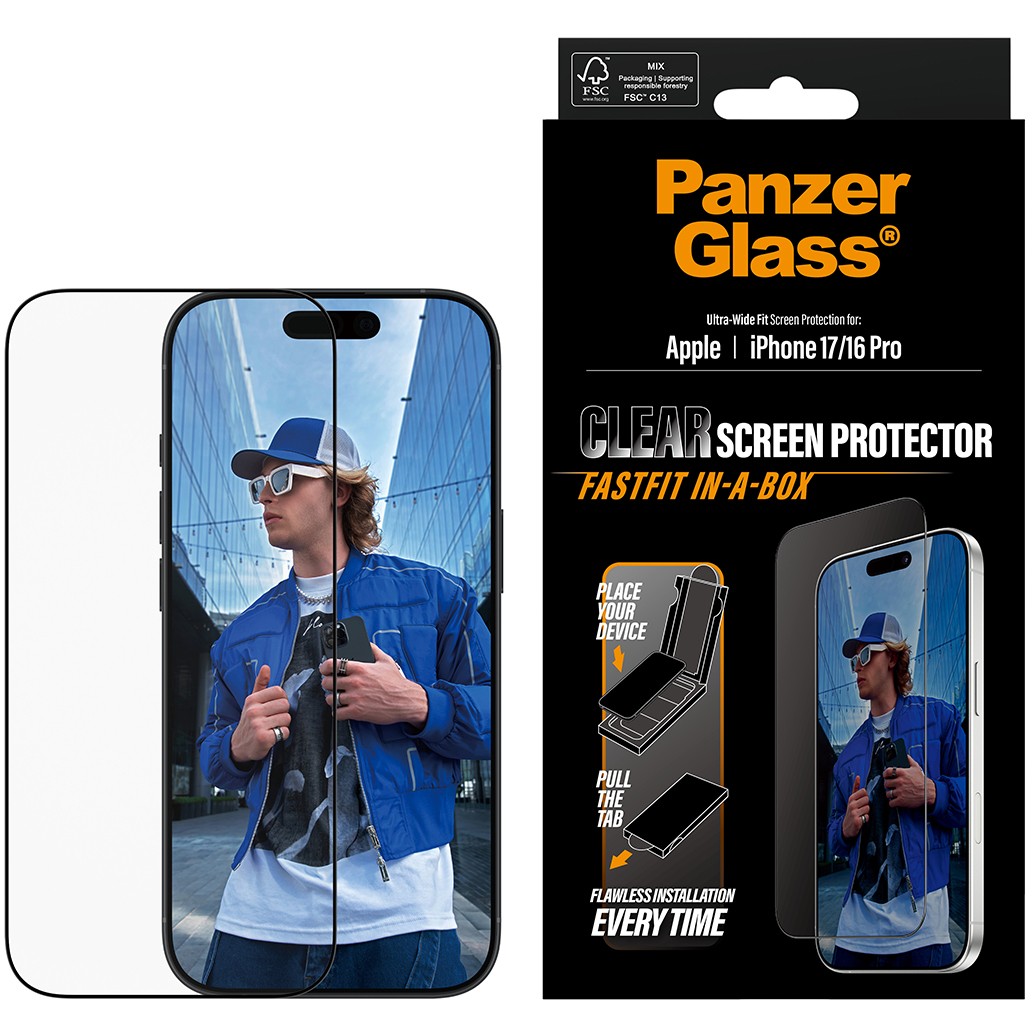 PanzerGlass ® Screen Protector iPhone 17 | iPhone 16 Pro | Ultra-Wide Fit w. Fastfit in-a-box