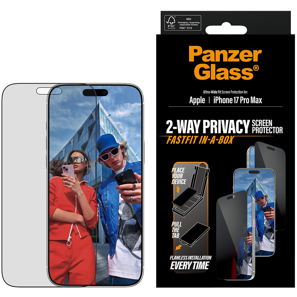 PanzerGlass ® 2-Way Privacy Screen Protector iPhone 17 Pro Max | Ultra-Wide Fit w. Fastfit in-a-box