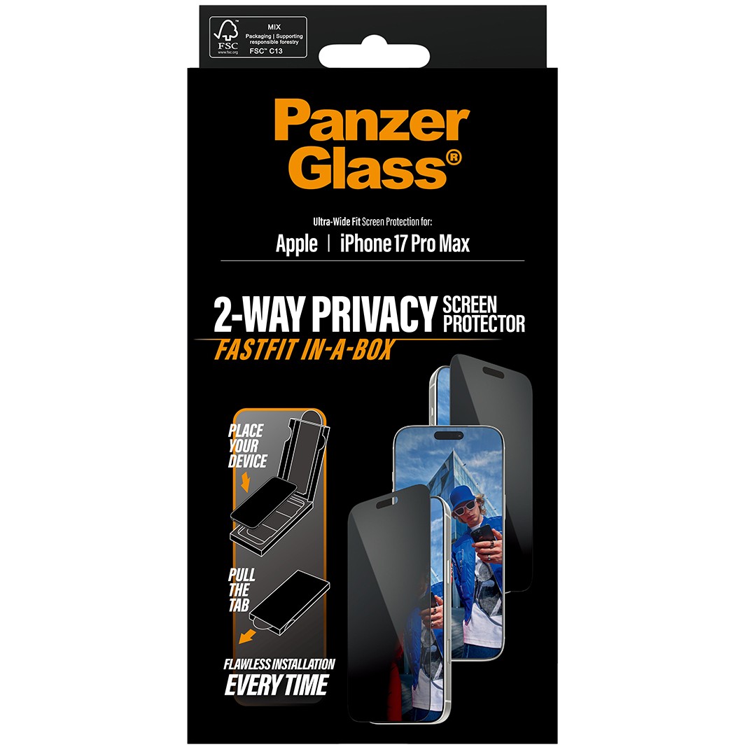 PanzerGlass ® 2-Way Privacy Screen Protector iPhone 17 Pro Max | Ultra-Wide Fit w. Fastfit in-a-box